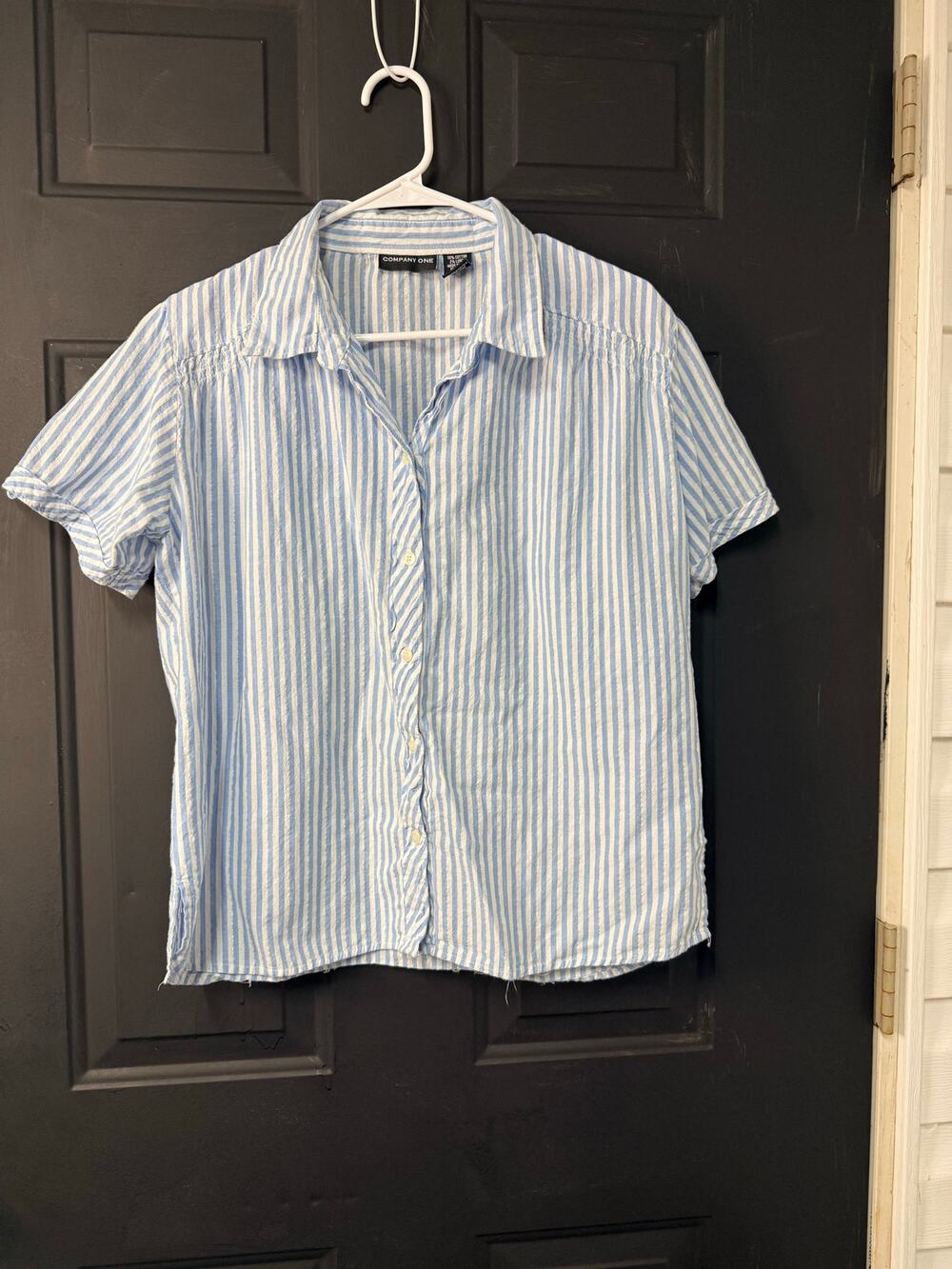 Company One  short-sleeve button-up top Blue & white & shimmer size L 97% cotton